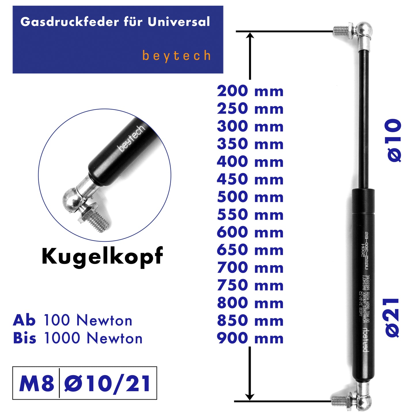 Universal Gasdruckfeder, Gasfeder 200–900 mm 100–1000N Kugelkopf Endstücke 10/21