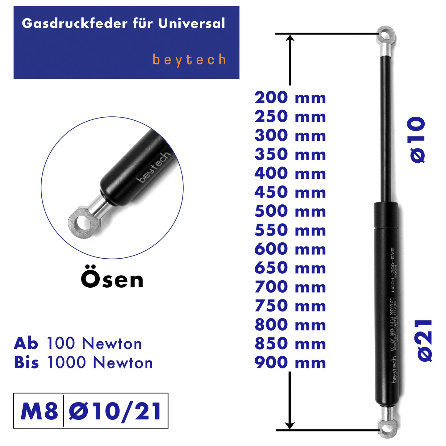 Universal Gasdruckfeder, Gasfeder 200–900 mm, 100–1000N, Ösen Endstücke 10/21