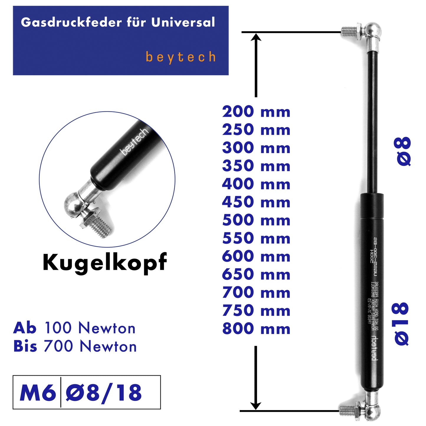 Universal Gasdruckfeder, Gasfeder 200–800 mm 100–700N, Kugelkopf Endstücke 8/18