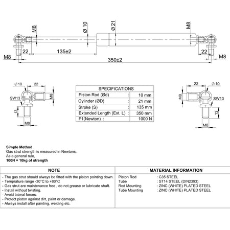 Gasdruckfeder 1000N / 350mm Kugelgelenk – Technische Zeichnung