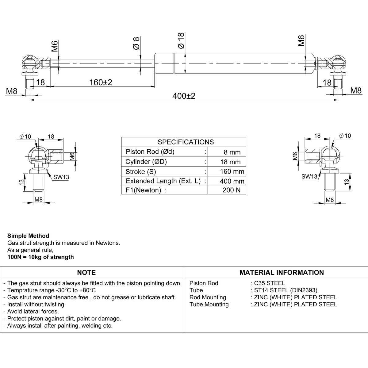 Gasdruckfeder 200N / 400mm Kugelgelenk – Technische Zeichnung