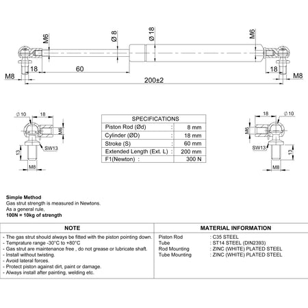 Gasdruckfeder 300N / 200mm Kugelgelenk – Technische Zeichnung