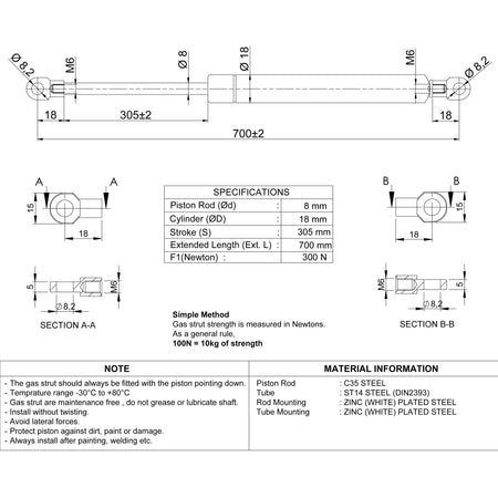 Gasdruckfeder 300N / 700mm Ösen – Technische Zeichnung