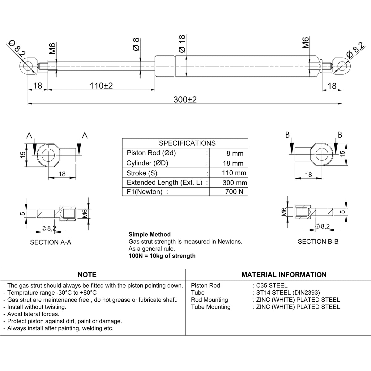 Gasdruckfeder 700N / 300mm Ösen – Technische Zeichnung