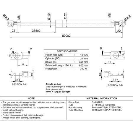 Gasdruckfeder 700N / 800mm Ösen – Technische Zeichnung