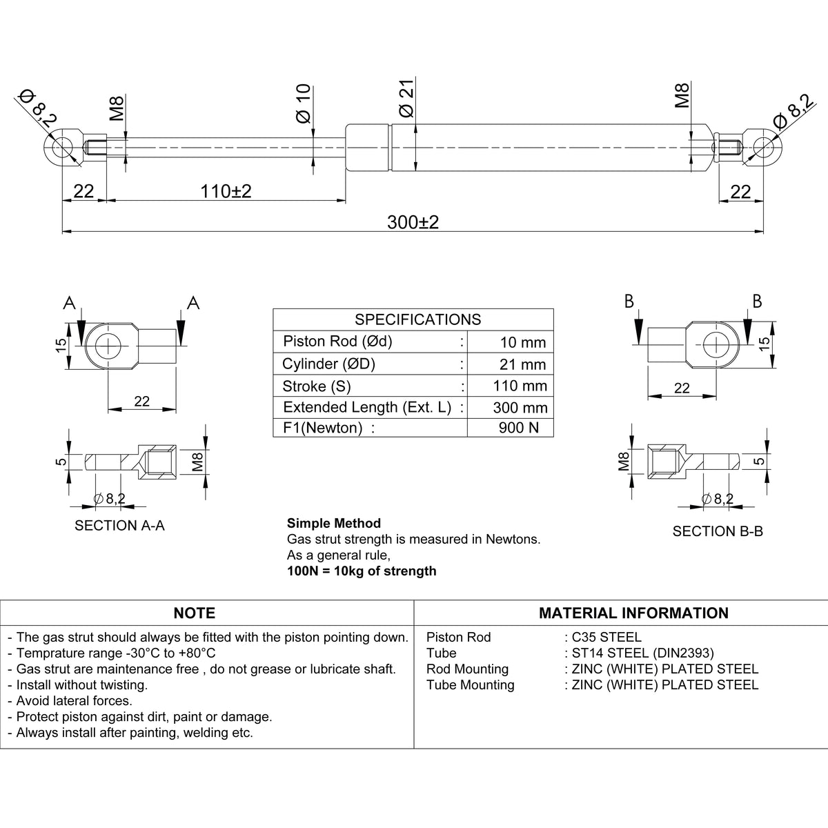 Gasdruckfeder 900N / 300mm Ösen – Technische Zeichnung