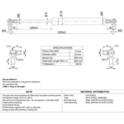 Universal Gasdruckfeder, Gasfeder 200–800 mm 100–700N, Kugelkopf Endstücke 8/18